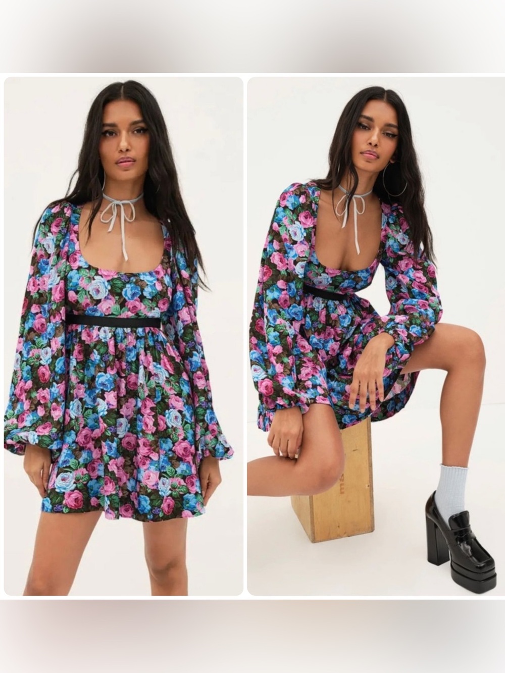 For Love and Lemons Maggie Floral Scoop-Neck Long Sleeve Mini Dress NWT $254